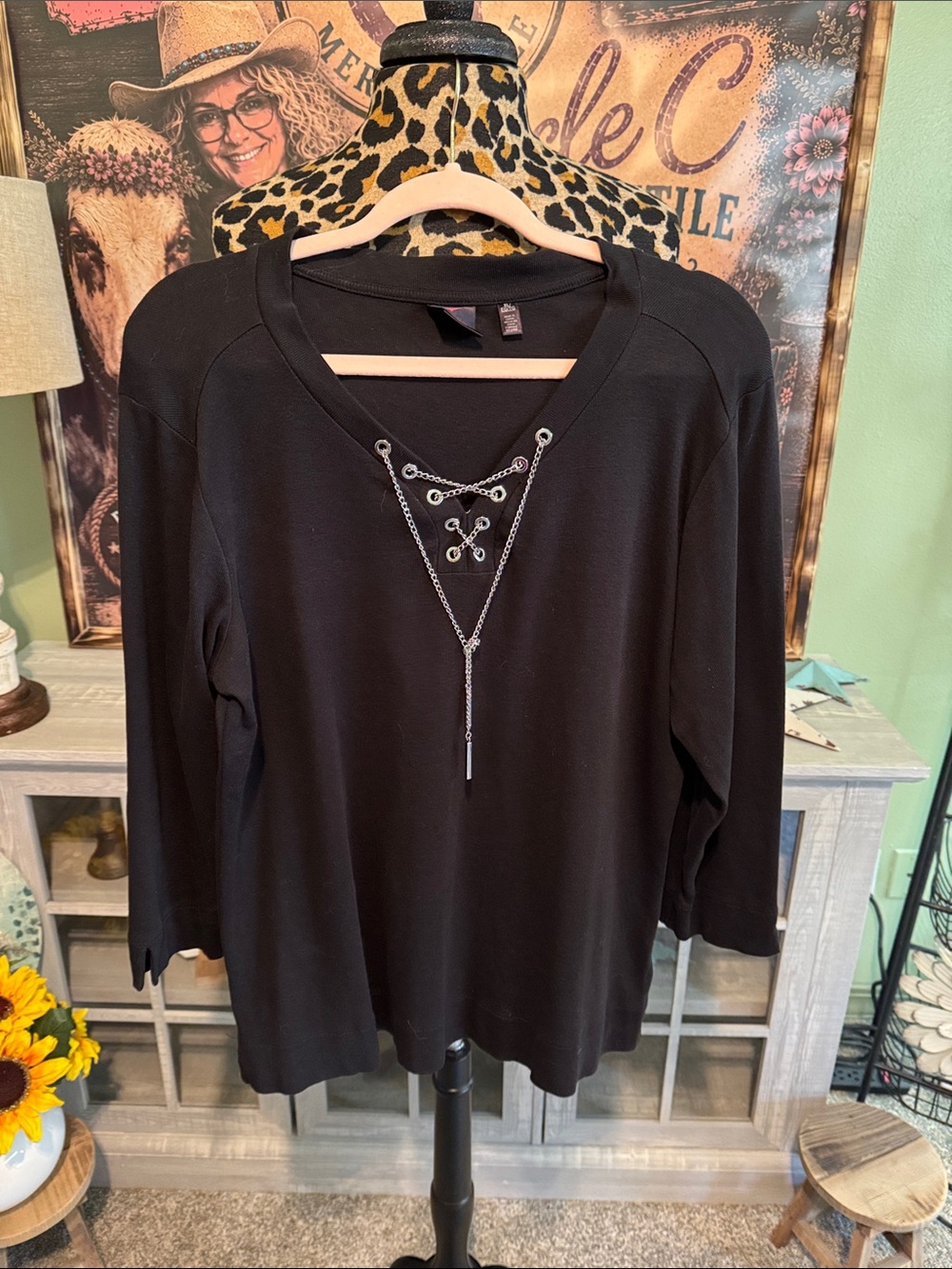 Raphella Black Lace-Up V-Neck Women's Top - Classic Long Sleeve Size XL